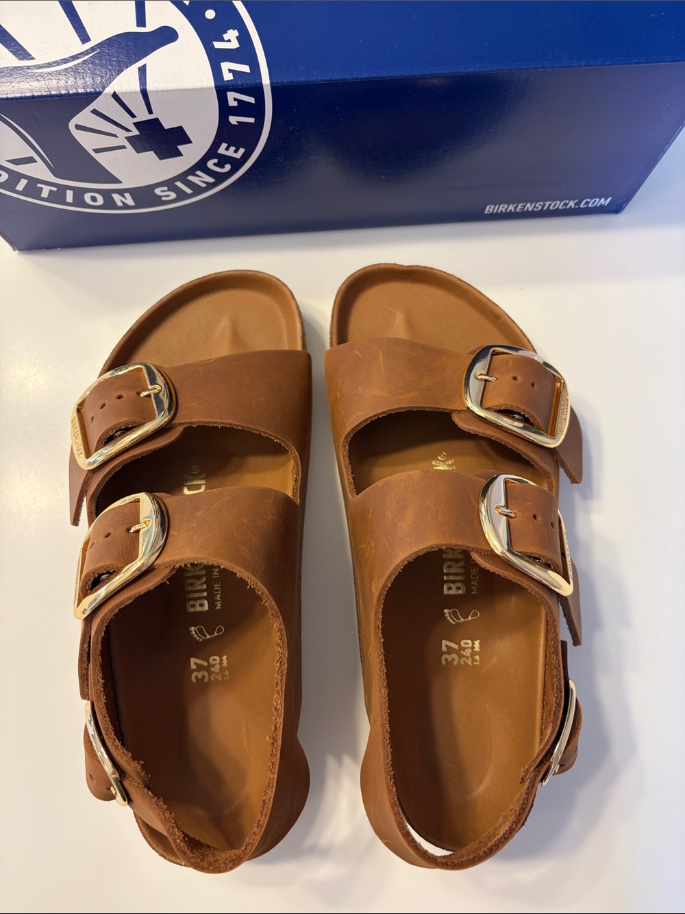 Birkenstock Two-Strap Sandals in Cognac with Silver Buckles